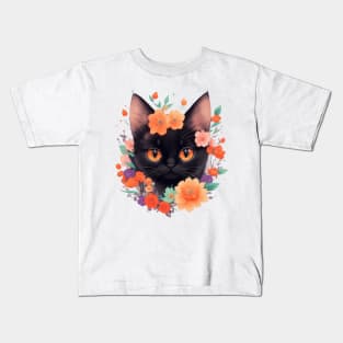 Midnight Meow: Cute Black Kitten and Vintage Floral Charm Kids T-Shirt